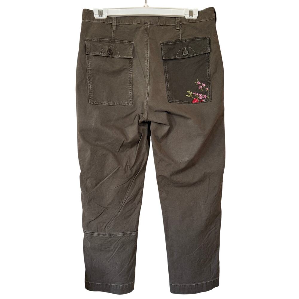 Anthropologie Floral Embroidered Utility Pants Size 30 Olive Green Cotton Linen - Picture 5 of 16